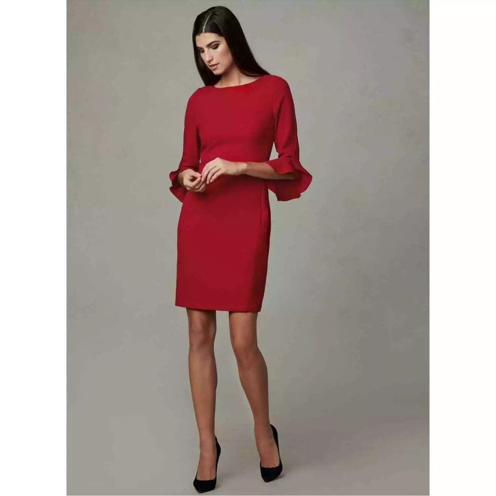 Karl Lagerfeld Paris 3/4 Ruffle Tulip Sleeve Crepe Lined Dress Red 0